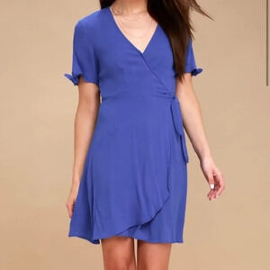 NEW Lulus Philosophy Royal Blue Short Sleeve Mini Wrap Dress Size XS